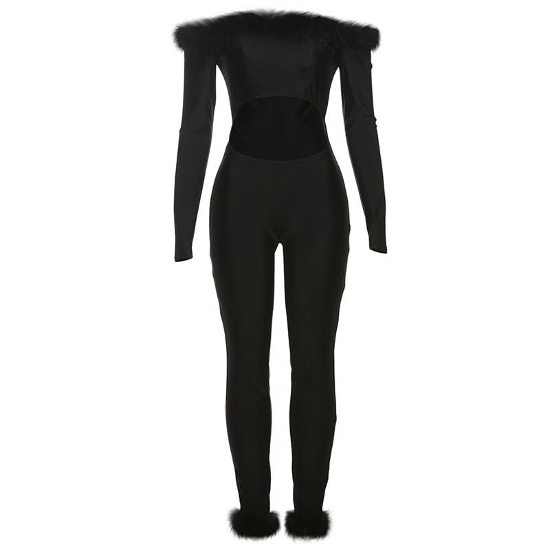 Long sleeve off shoulder feather hollow out jumpsuit