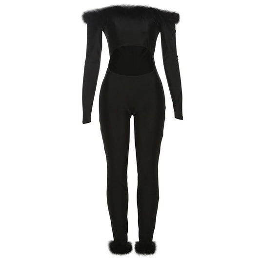 Long sleeve off shoulder feather hollow out jumpsuit