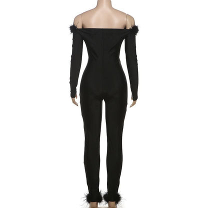Long sleeve off shoulder feather hollow out jumpsuit