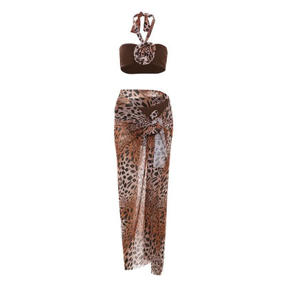 Leopard print halter self tie mesh 3 piece maxi skirt set