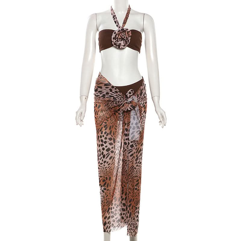 Leopard print halter self tie mesh 3 piece maxi skirt set