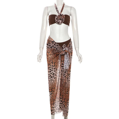 Leopard print halter self tie mesh 3 piece maxi skirt set
