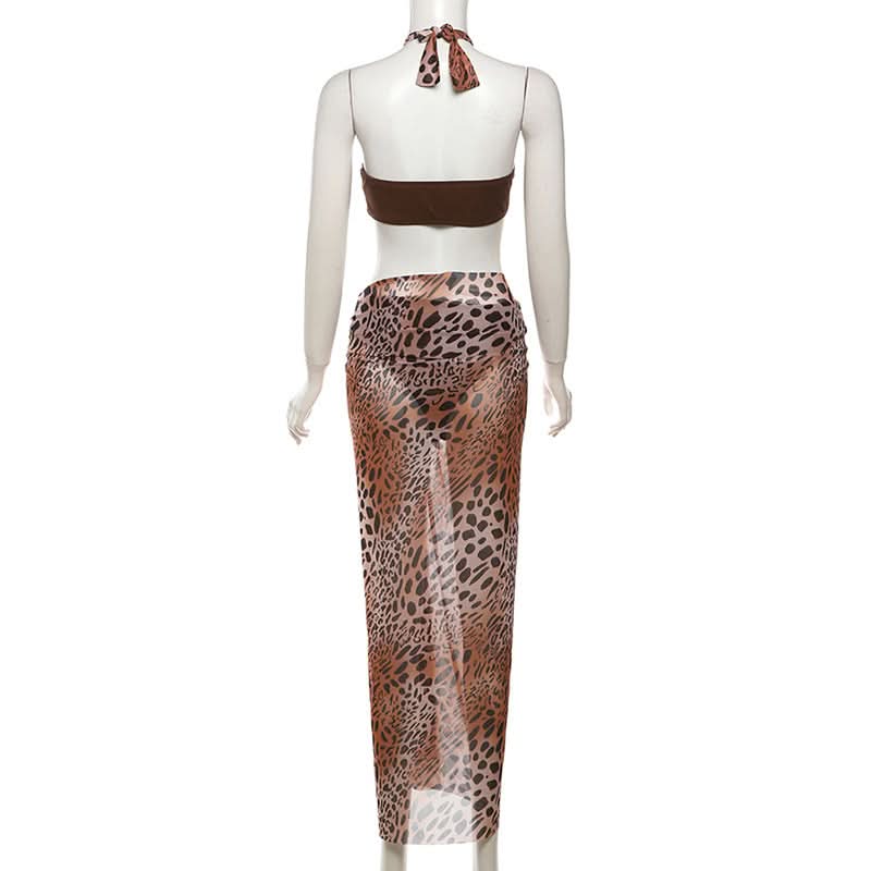 Leopard print halter self tie mesh 3 piece maxi skirt set