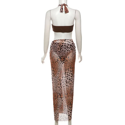 Leopard print halter self tie mesh 3 piece maxi skirt set