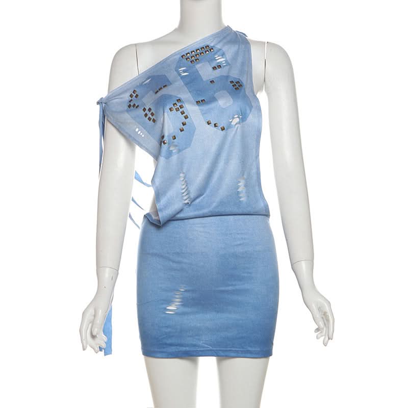 Off shoulder beaded "66" print backless mini dress