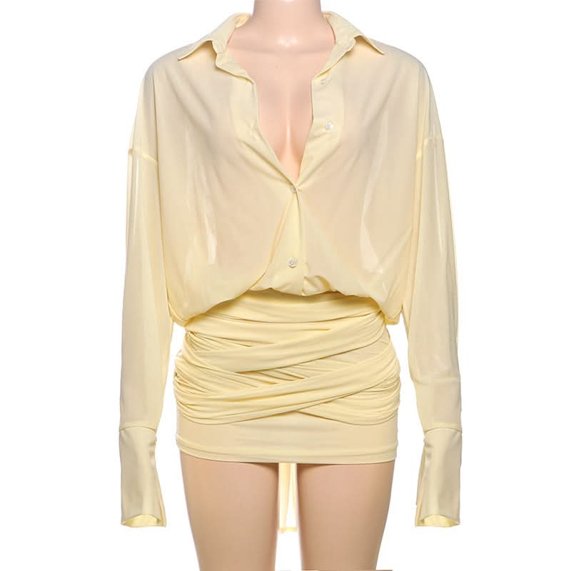 Turnover collar long sleeve button knotted mini dress