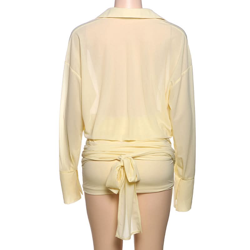 Turnover collar long sleeve button knotted mini dress
