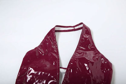 PU leather v neck halter zip-up pant set