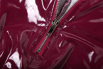PU leather v neck halter zip-up pant set