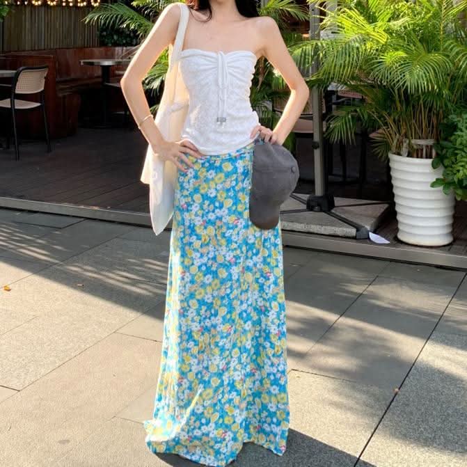 Flower print zip-up maxi skirt
