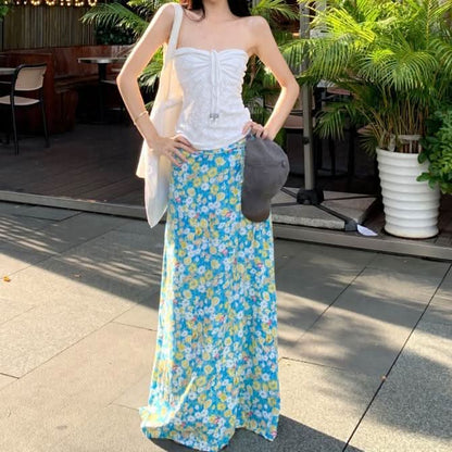 Flower print zip-up maxi skirt