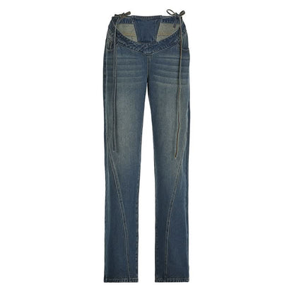 Self tie low rise hollow out jeans