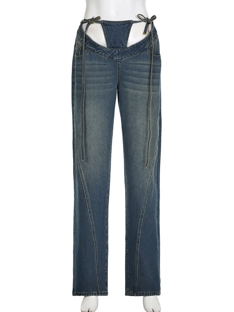 Self tie low rise hollow out jeans