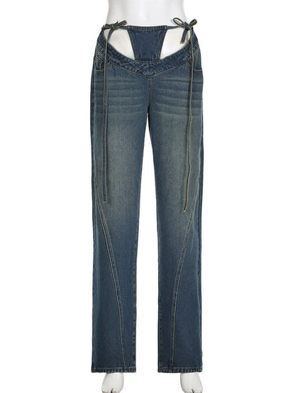 Self tie low rise hollow out jeans