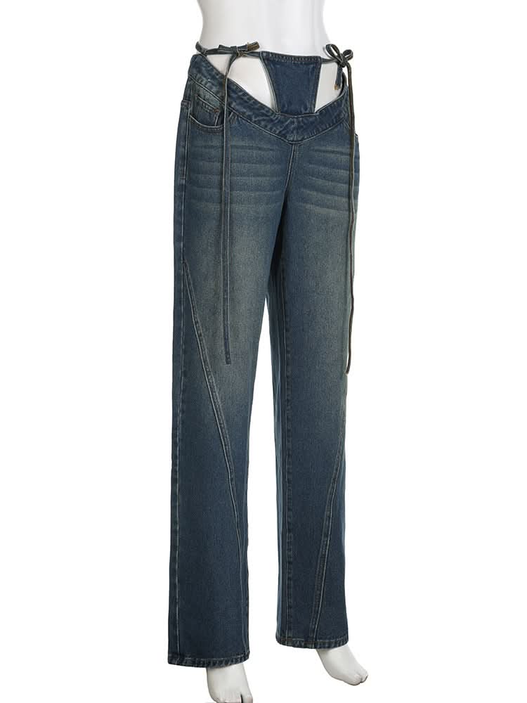 Self tie low rise hollow out jeans