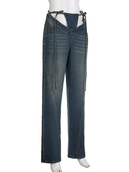 Self tie low rise hollow out jeans