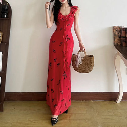 Flower print ruffle mesh maxi dress