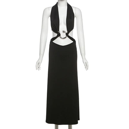 Halter snake applique backless self tie maxi dress