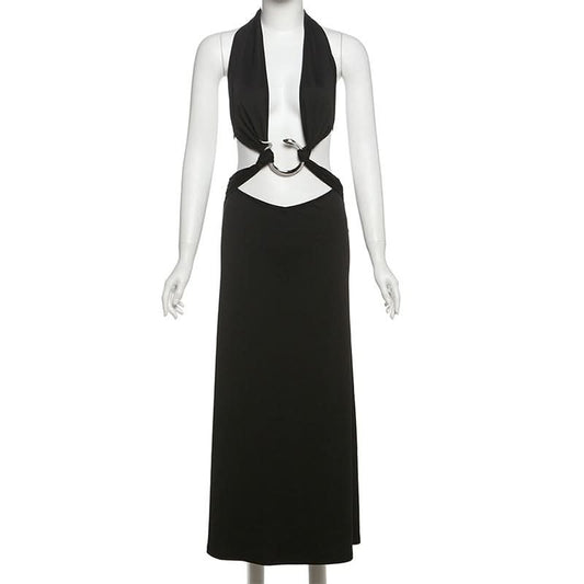 Halter snake applique backless self tie maxi dress