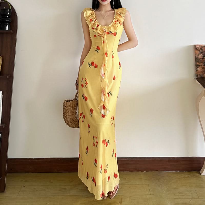 Flower print ruffle mesh maxi dress