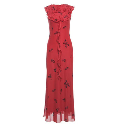 Flower print ruffle mesh maxi dress