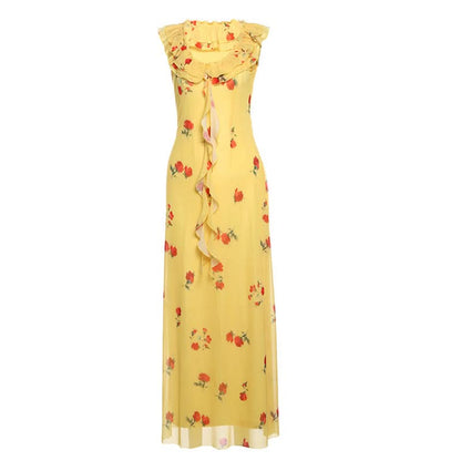 Flower print ruffle mesh maxi dress
