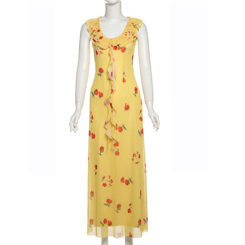 Flower print ruffle mesh maxi dress