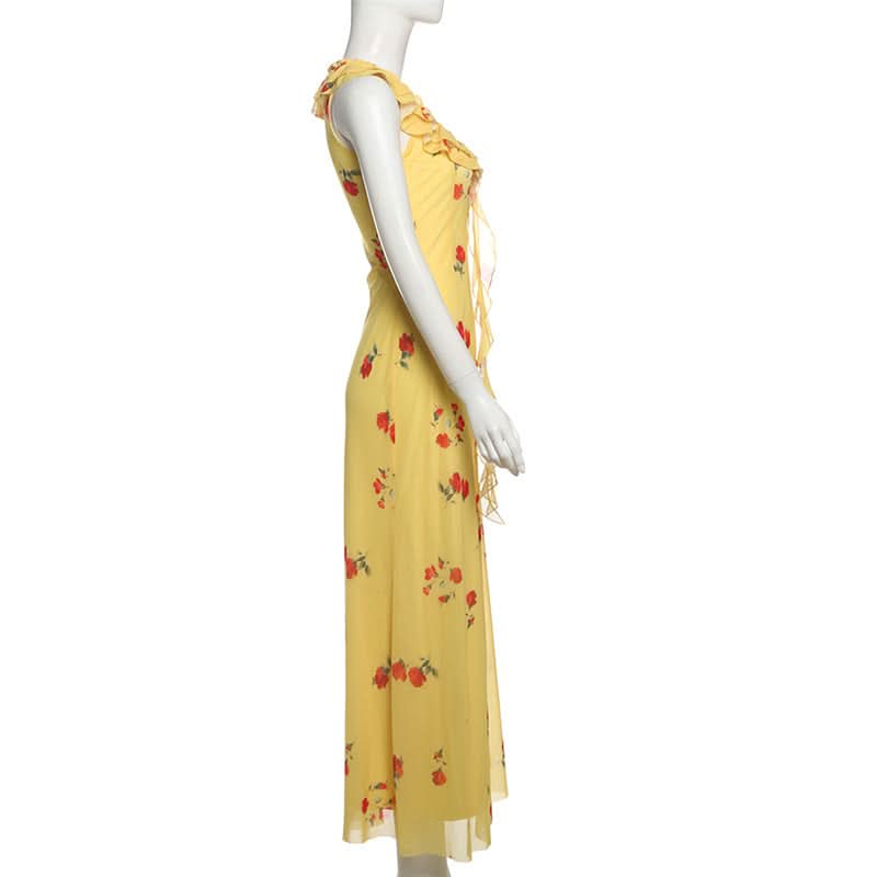 Flower print ruffle mesh maxi dress