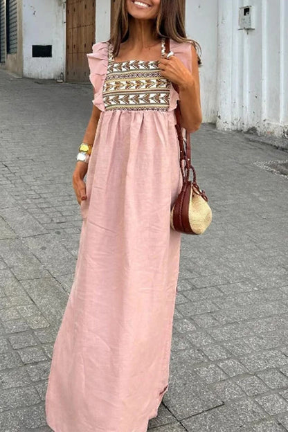 Daily Elegant Geometric Print Flounce Square Neck A Line Dresses