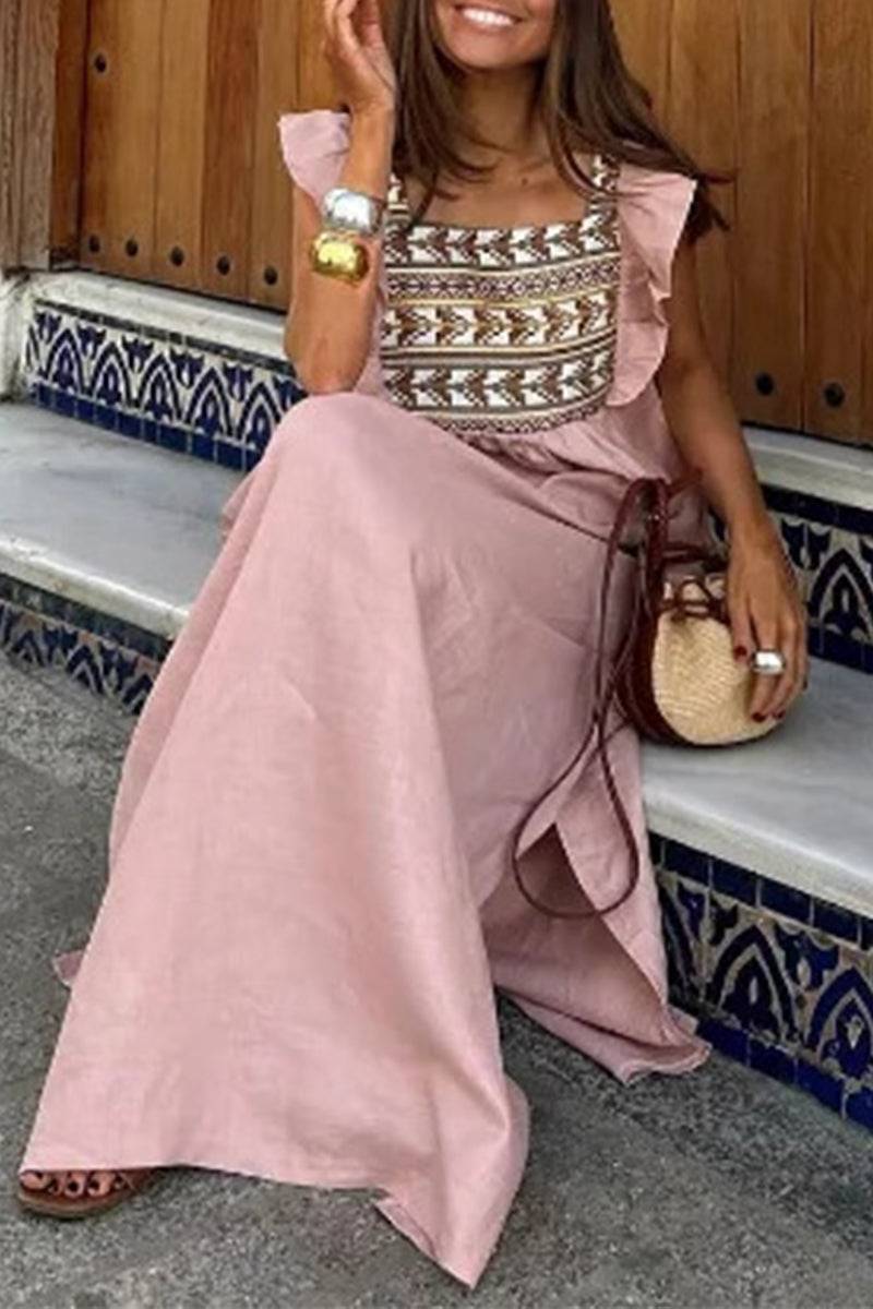 Daily Elegant Geometric Print Flounce Square Neck A Line Dresses