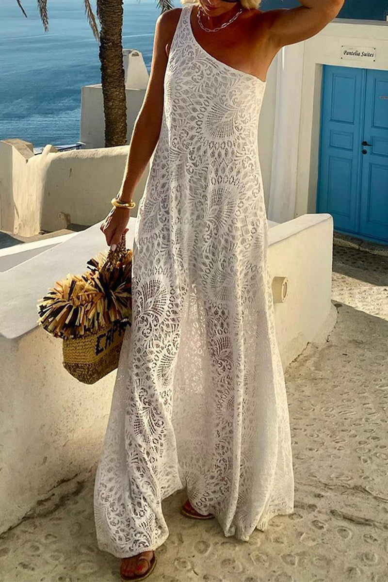 Sexy Solid Color Lace Slit Sloping Shoulder Long Dresses