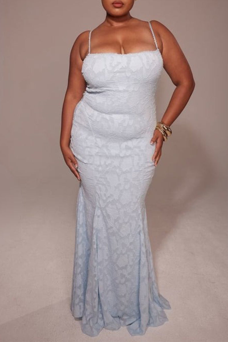 Sexy Solid Color Jacquard Lace Backless Strap Design Square Neck Fishtail Dresses