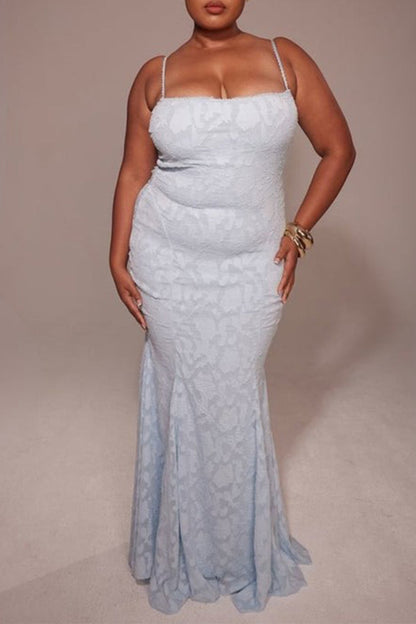 Sexy Solid Color Jacquard Lace Backless Strap Design Square Neck Fishtail Dresses