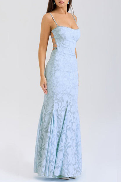 Sexy Solid Color Jacquard Lace Backless Strap Design Square Neck Fishtail Dresses