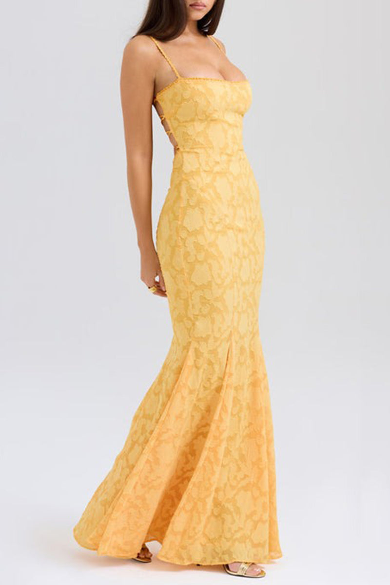 Sexy Solid Color Jacquard Lace Backless Strap Design Square Neck Fishtail Dresses