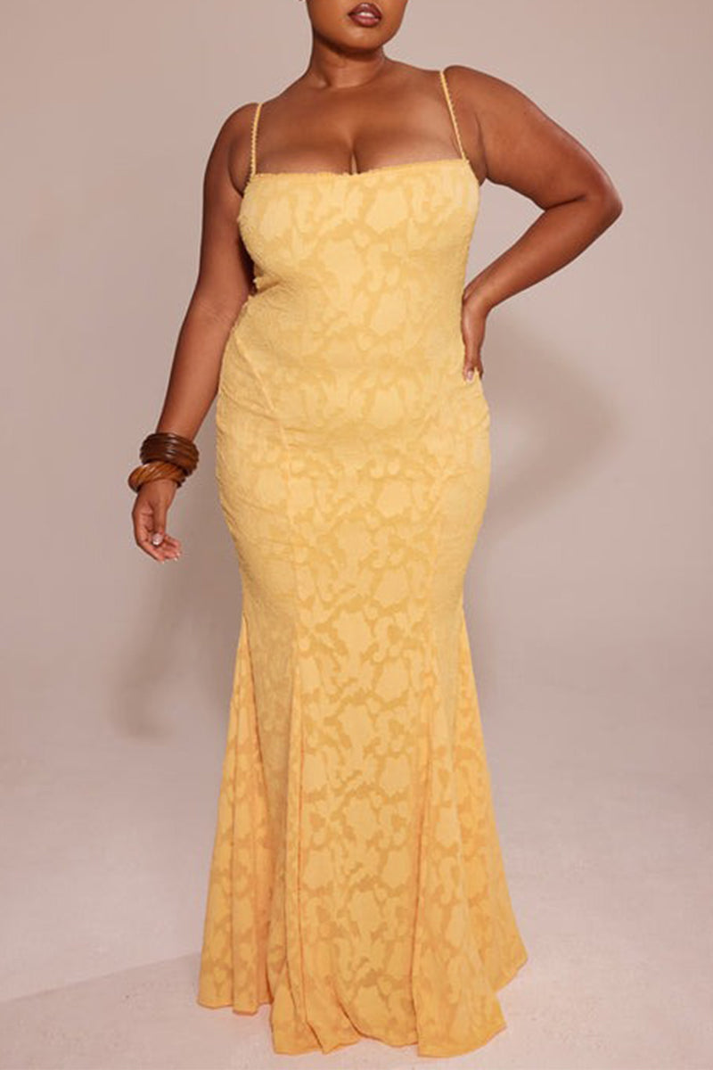 Sexy Solid Color Jacquard Lace Backless Strap Design Square Neck Fishtail Dresses