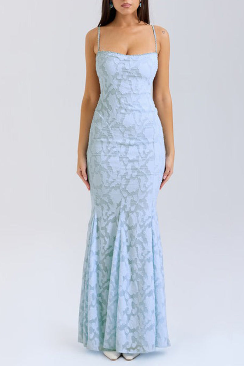 Sexy Solid Color Jacquard Lace Backless Strap Design Square Neck Fishtail Dresses