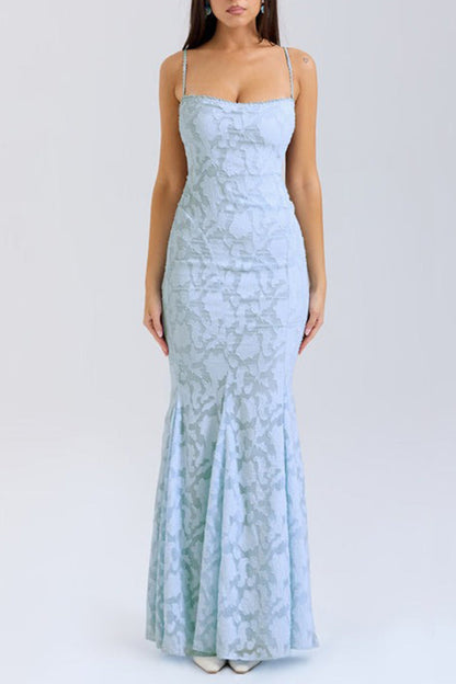 Sexy Solid Color Jacquard Lace Backless Strap Design Square Neck Fishtail Dresses