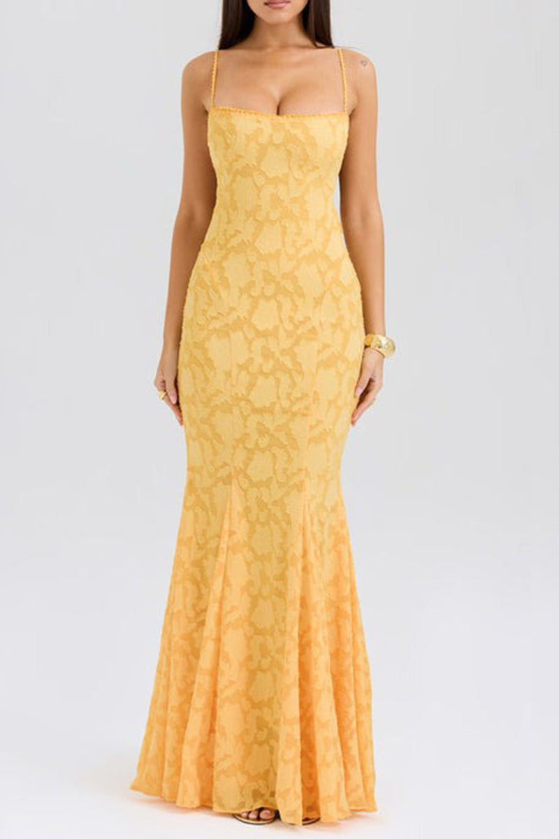 Sexy Solid Color Jacquard Lace Backless Strap Design Square Neck Fishtail Dresses