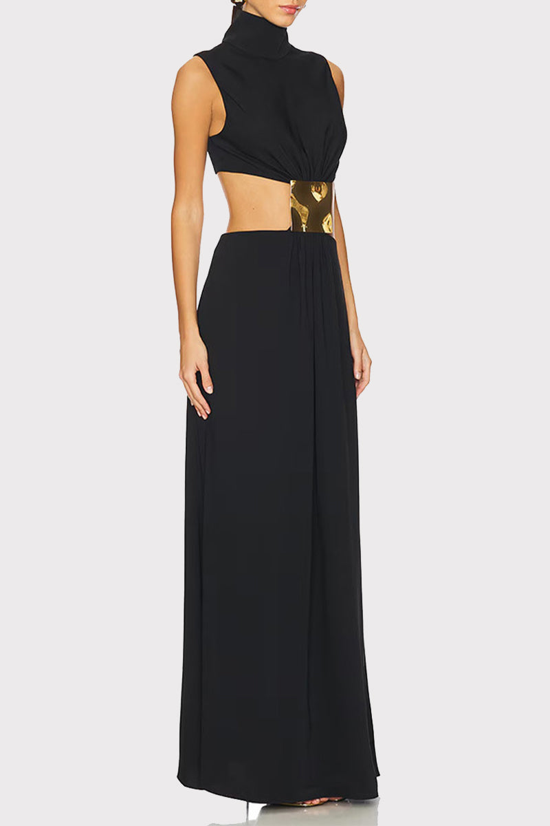 Sexy Solid Color Hollow Out Metal Accessories Trim Turtleneck Long Dresses