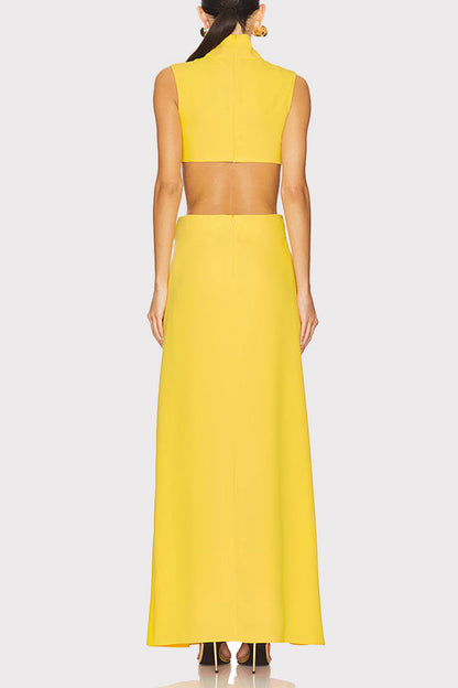 Sexy Solid Color Hollow Out Metal Accessories Trim Turtleneck Long Dresses