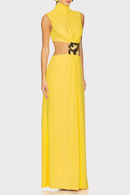 Sexy Solid Color Hollow Out Metal Accessories Trim Turtleneck Long Dresses