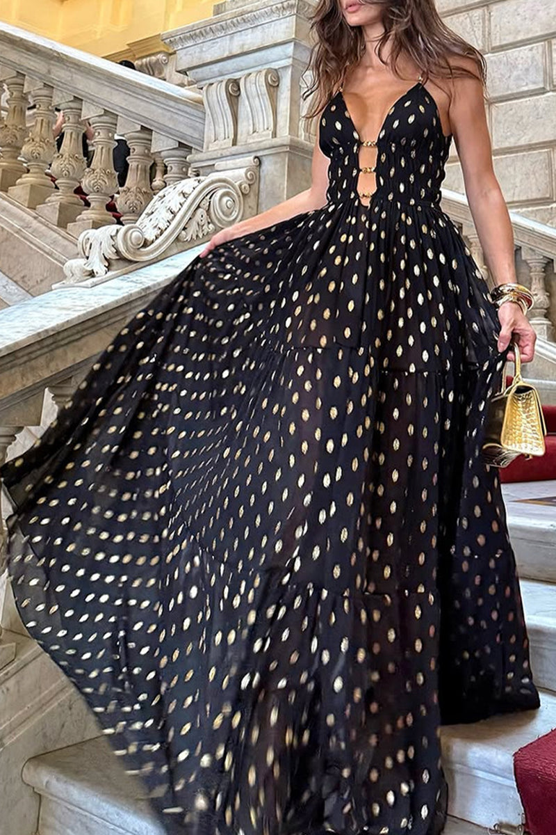 Sexy Polka Dot Contrast V Neck Long Dresses