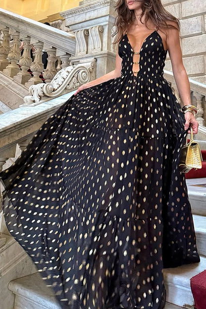 Sexy Polka Dot Contrast V Neck Long Dresses