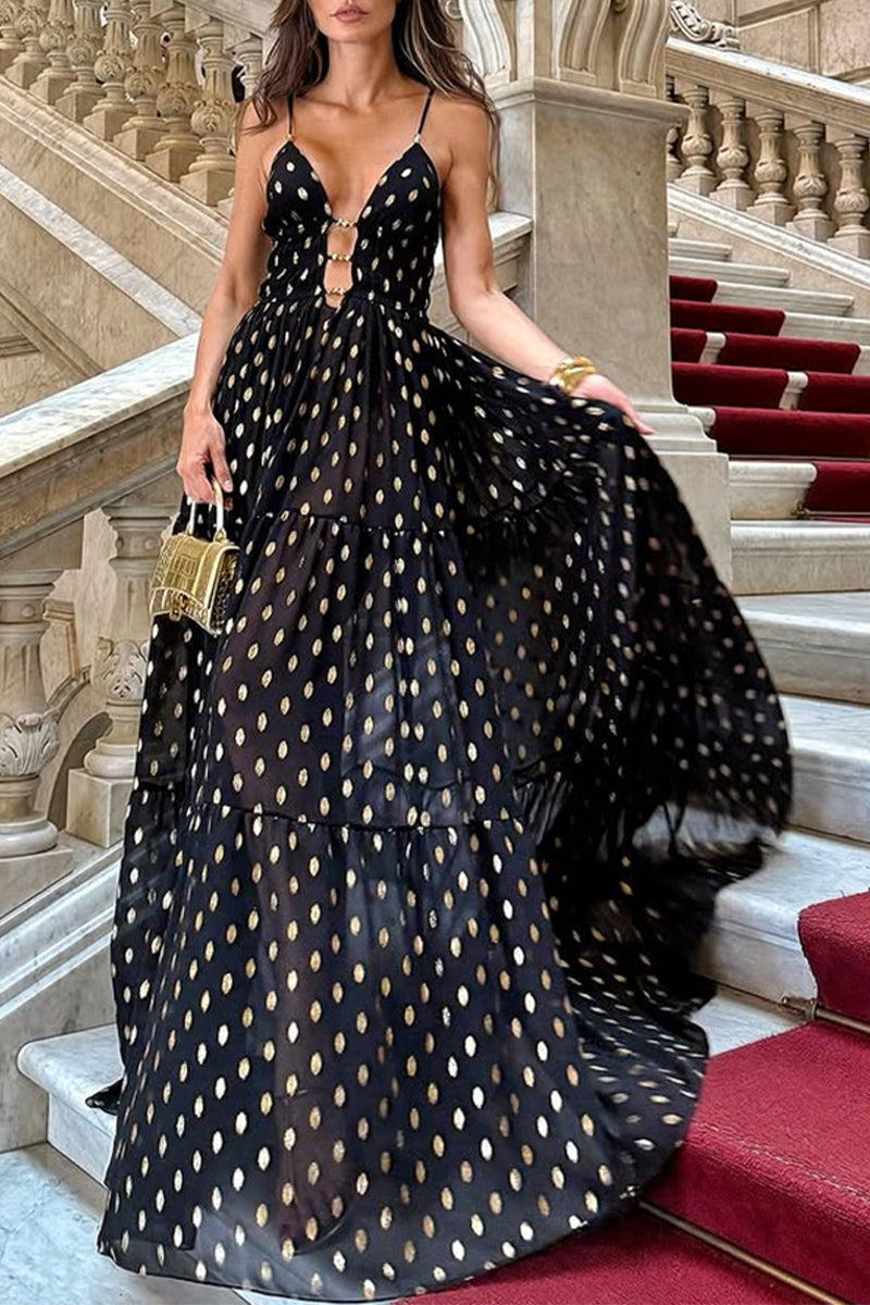 Sexy Polka Dot Contrast V Neck Long Dresses
