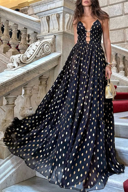 Sexy Polka Dot Contrast V Neck Long Dresses