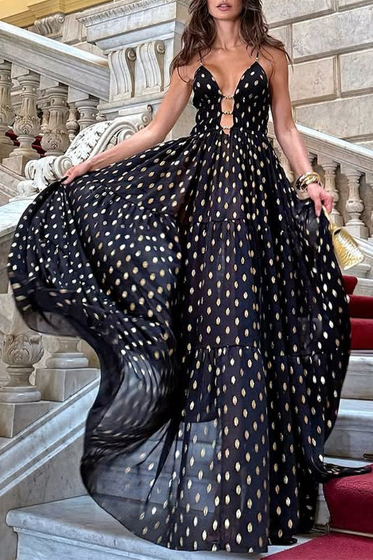 Sexy Polka Dot Contrast V Neck Long Dresses