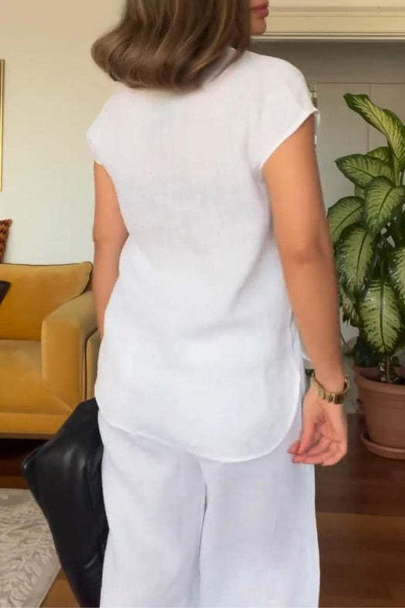 Casual Solid Color Pocket Turndown Collar Short Sleeve Two Pieces