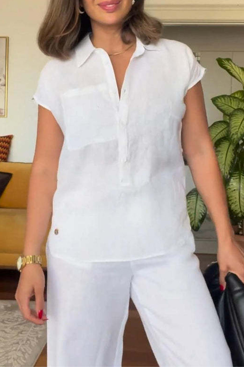 Casual Solid Color Pocket Turndown Collar Short Sleeve Two Pieces