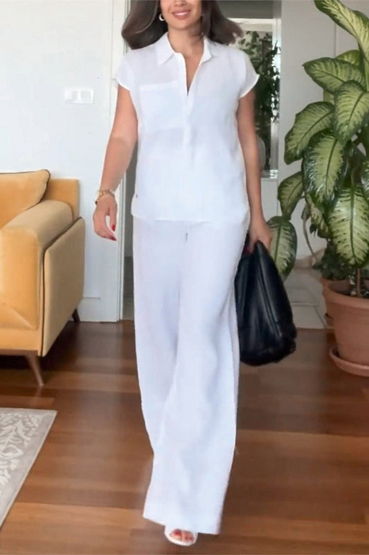 Casual Solid Color Pocket Turndown Collar Short Sleeve Two Pieces